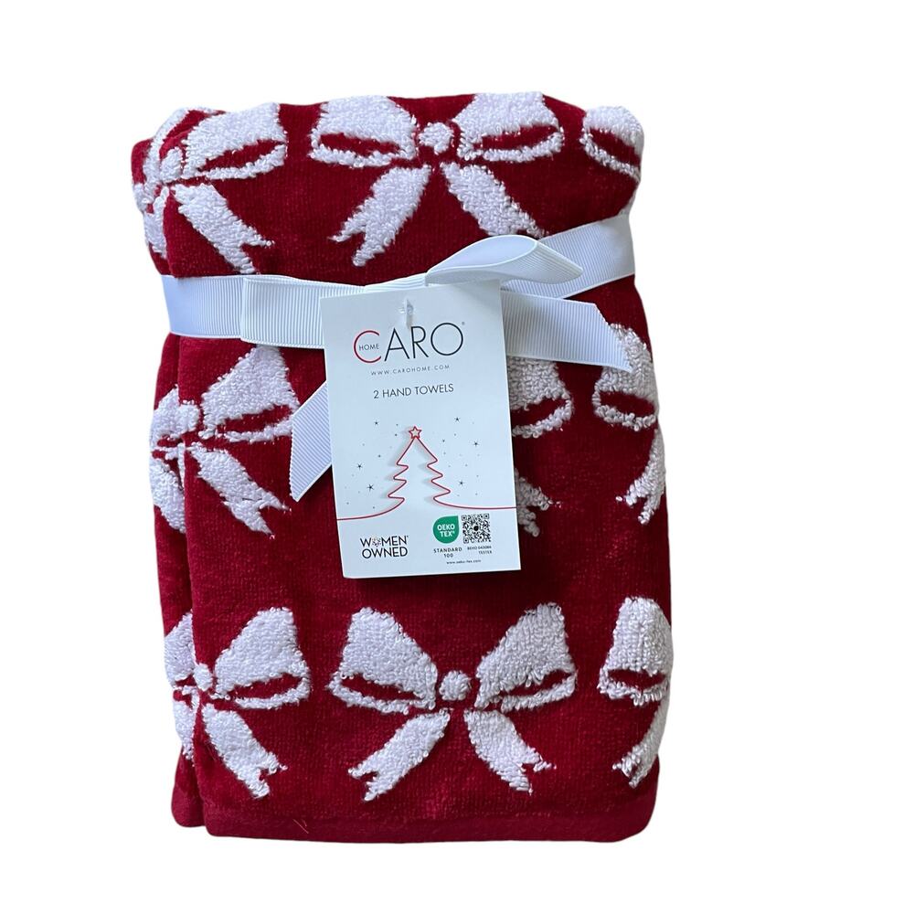 Caro Home CHRISTMAS BOW Hand Towels Set of 2 Red & White Holiday Decor